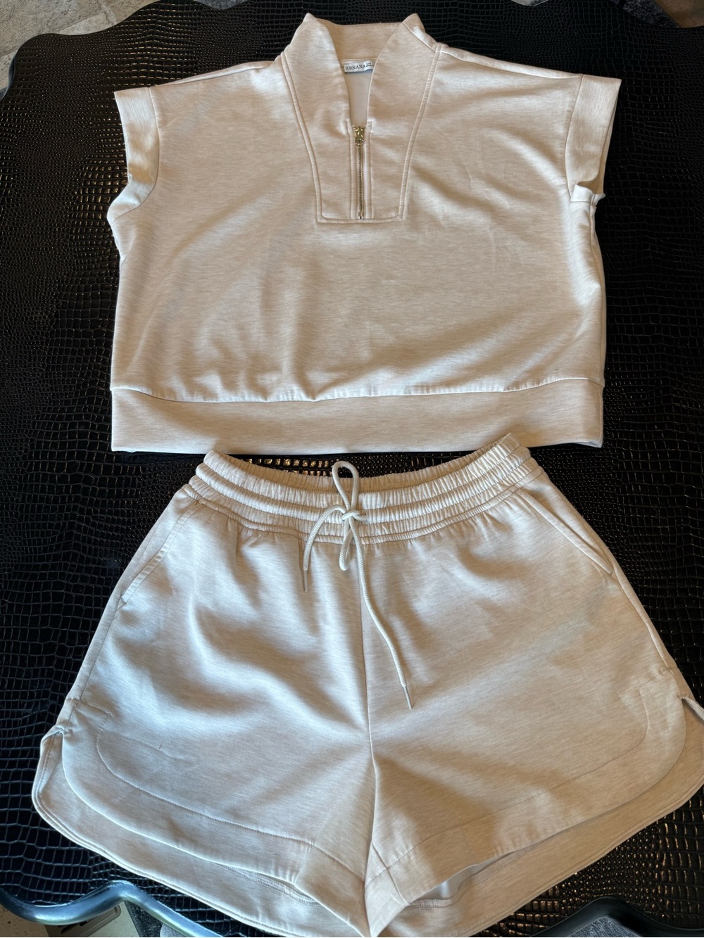 Women’s Neutral Zip-Neck Knit Shirt and Shorts Lounge Set.